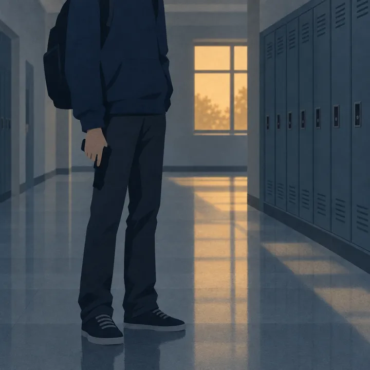 Illustration of a faceless figure in a school hallway holding a handgun at their side.